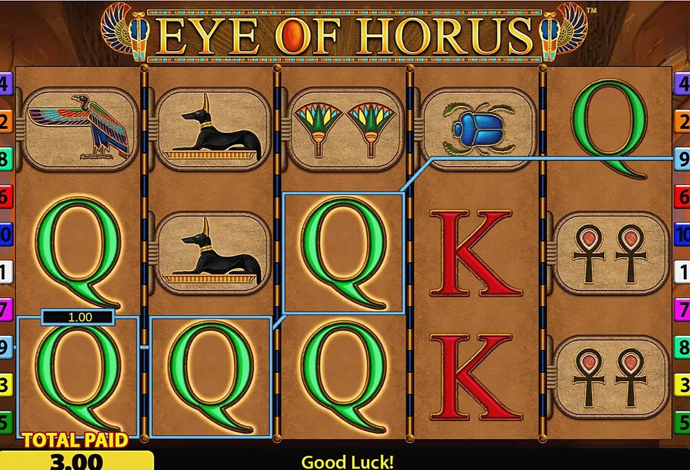 Line of green Q symbols paying 3.00 in the Eye of Horus demo