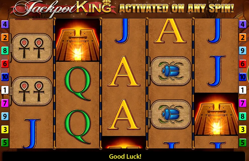 Jackpot King activated on any spin banner above the Eye of Horus reels