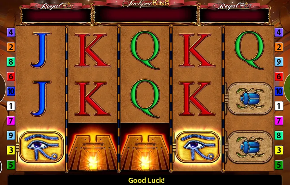 Eye of Horus Jackpot King reels with pot header, two scatters and two Eye symbols